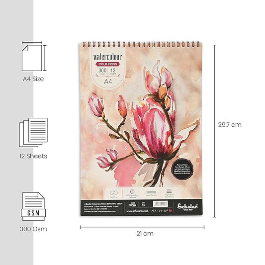 Scholar A4 Watercolour Cold Press Pad 300 GSM - Wiro (12 Sheets)