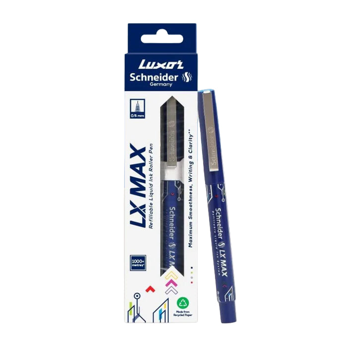 Luxor Schneider LX-MAX Penna A Sfera – Confezione Da 3, Punta Ad Ago 0,5 Mm, Inchiostro Blu, Tecnologia Tedesca, Scrittura 1000 Metri