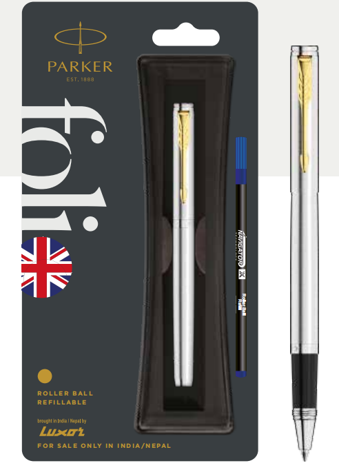Parker FOLIO STAINLESS STEEL ROLLER BALL PEN WITH GOLD TRIM