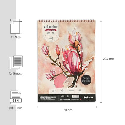 Scholar A4 Watercolour Cold Press Pad 300 GSM - Wiro (12 Sheets)