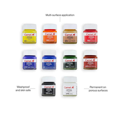 Camel ACRYLIC COLOURS 15ml (10 Shades) + 2 Pc 4X4 Canvas Free