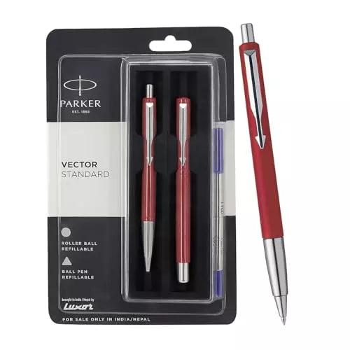 PARKER VECTOR STANDARD BALL PEN + ROLLER BALL PEN With Chrome Trim