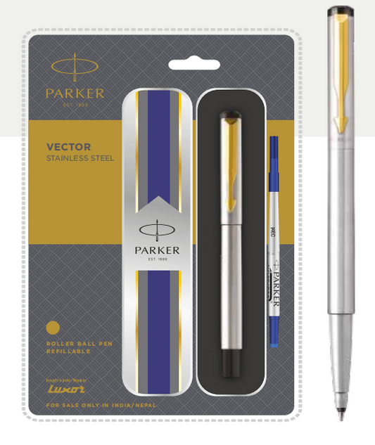 PARKER VECTOR STAINLESS ROLLER BALL PEN WITH GOLD TRIM