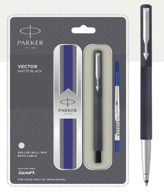 PARKER VECTOR MATTE BLACK ROLLER BALL PEN WITH CHROME TRIM