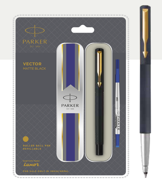 PARKER VECTOR MATTE BLACK ROLLER BALL PEN WITH GOLD TRIM