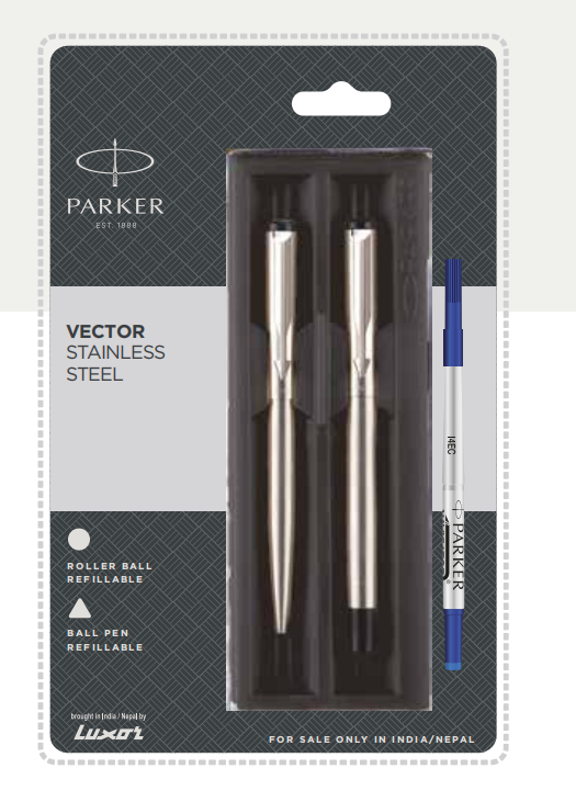 PARKER VECTOR STAINLESS STEEL BALL PEN + ROLLER BALL PEN  WITH CHROME TRIM