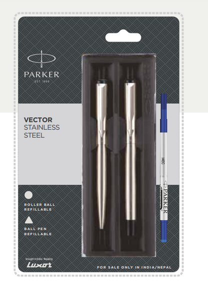 PARKER VECTOR STAINLESS STEEL BALL PEN + ROLLER BALL PEN  WITH CHROME TRIM
