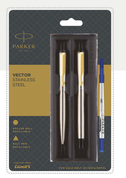 PARKER VECTOR STAINLESS STEEL BALL PEN + ROLLER BALL PEN  WITH GOLD TRIM