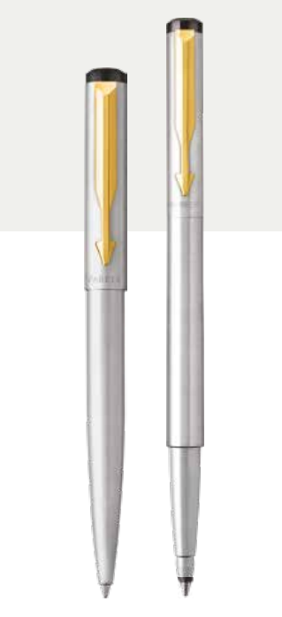 PARKER VECTOR STAINLESS STEEL BALL PEN + ROLLER BALL PEN  WITH GOLD TRIM