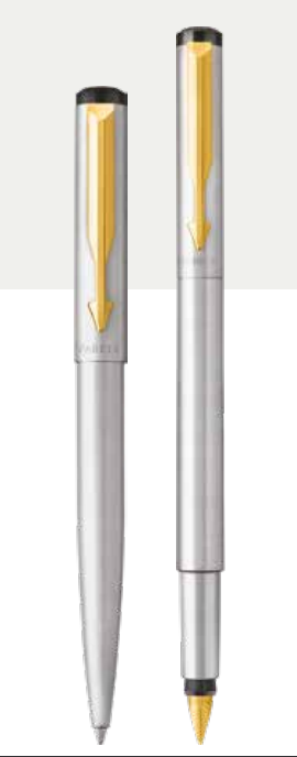 PARKER VECTOR STAINLESS STEEL BALL PEN + FOUNTAIN PEN WITH GOLD TRIM