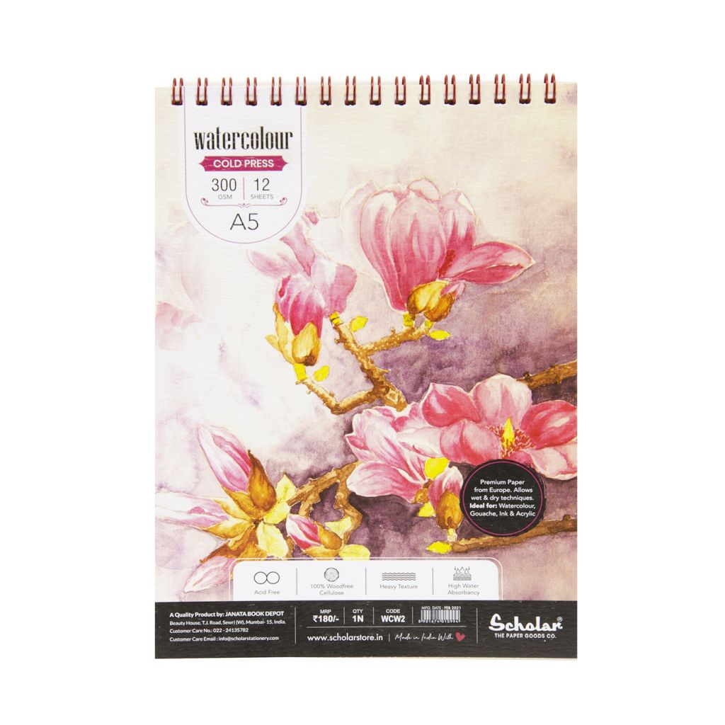 Scholar A5 Watercolour Cold Press Pad 300 GSM (Wiro 12 Sheets)